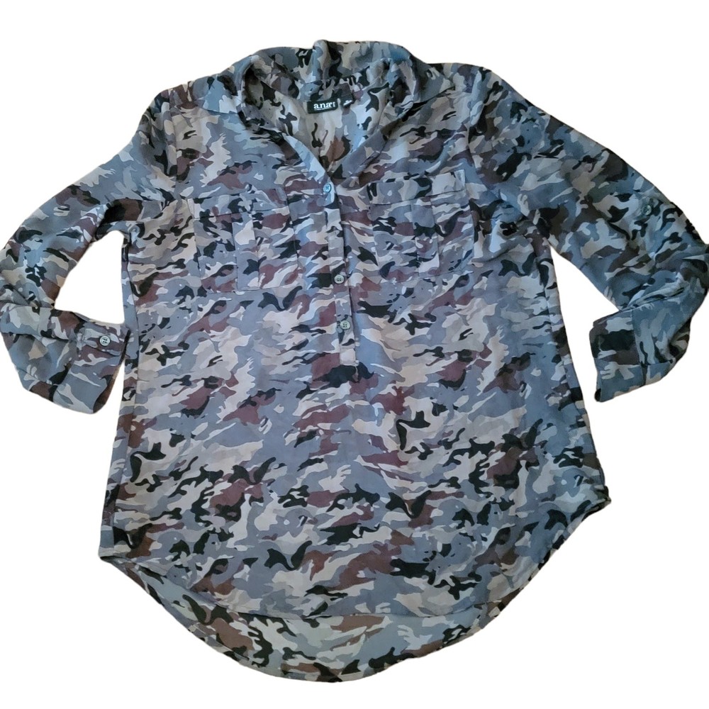 a.n.a‎ Womens Camo Long Sleeve Pockets Collared Button Up Shirt Size PL